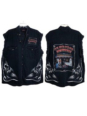 BIKER’S EDGE Vintage Cotton Fringe Sleeveles Button Black Collar Denim Shirt L